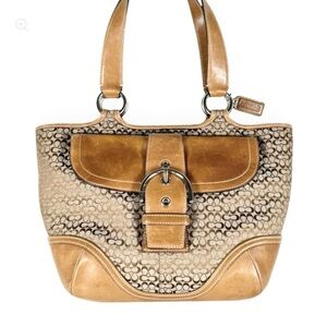 COACH Vintage Soho Signature Leather and Canvas Tote Bag, 7081, tan/brown